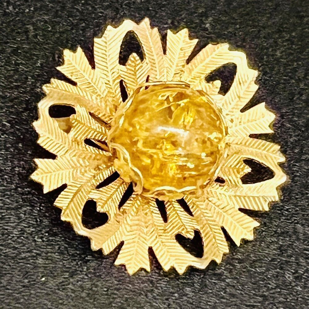 Vintage Faux Amber Brooch Lacy Filigree Flower Textured Gold Tone BEAUTIFUL 1485